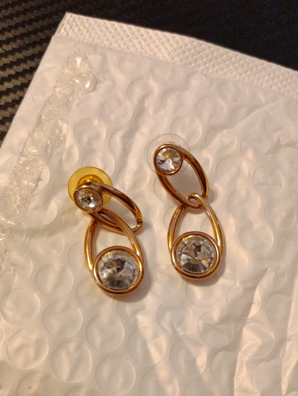 Vintage Bijoux Gold Metal Double Loop Crystal Door Knocker 2 1/2" Dangle Earring
